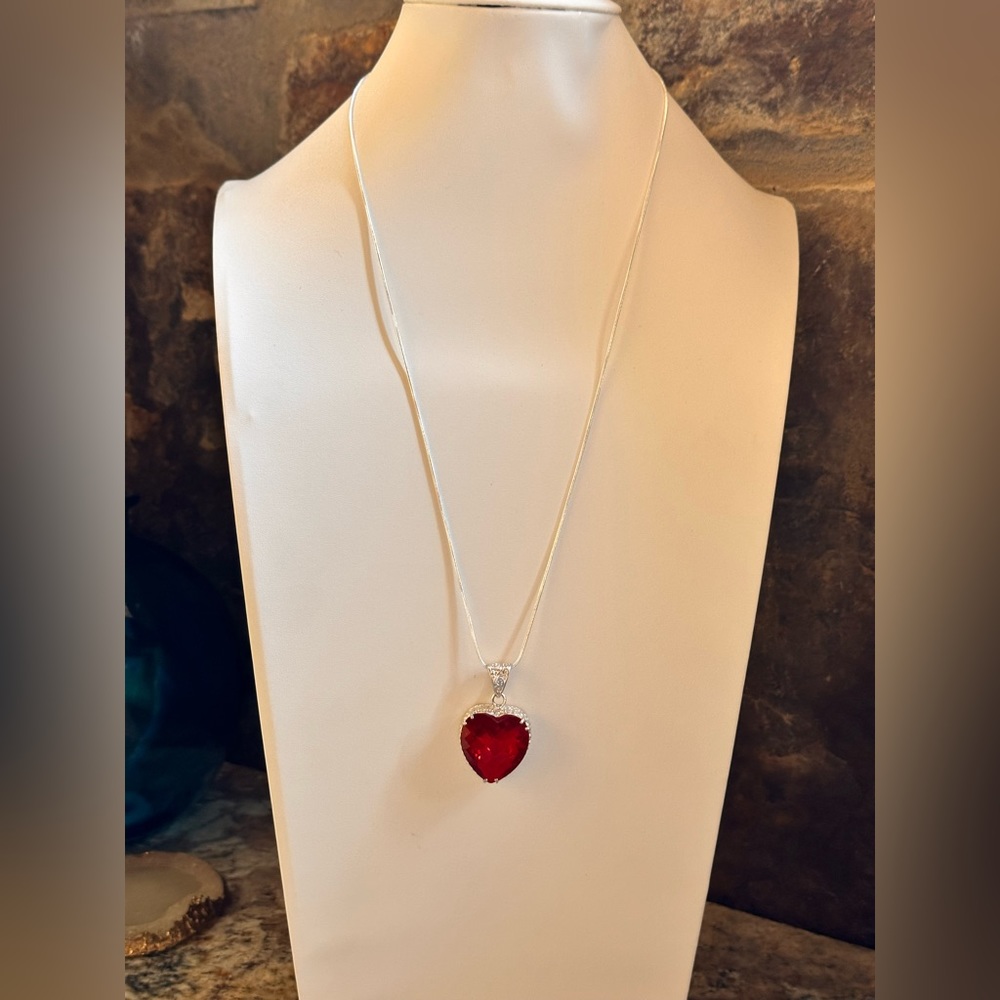 Silver Red Gemstone Heart Necklace